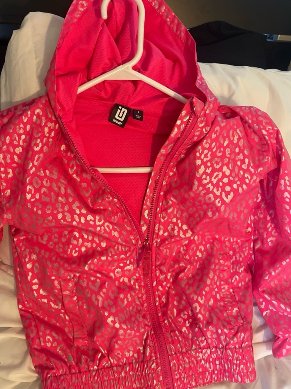 Ideology Hot Pink Metallic Leopard Hooded Rain Jacket
